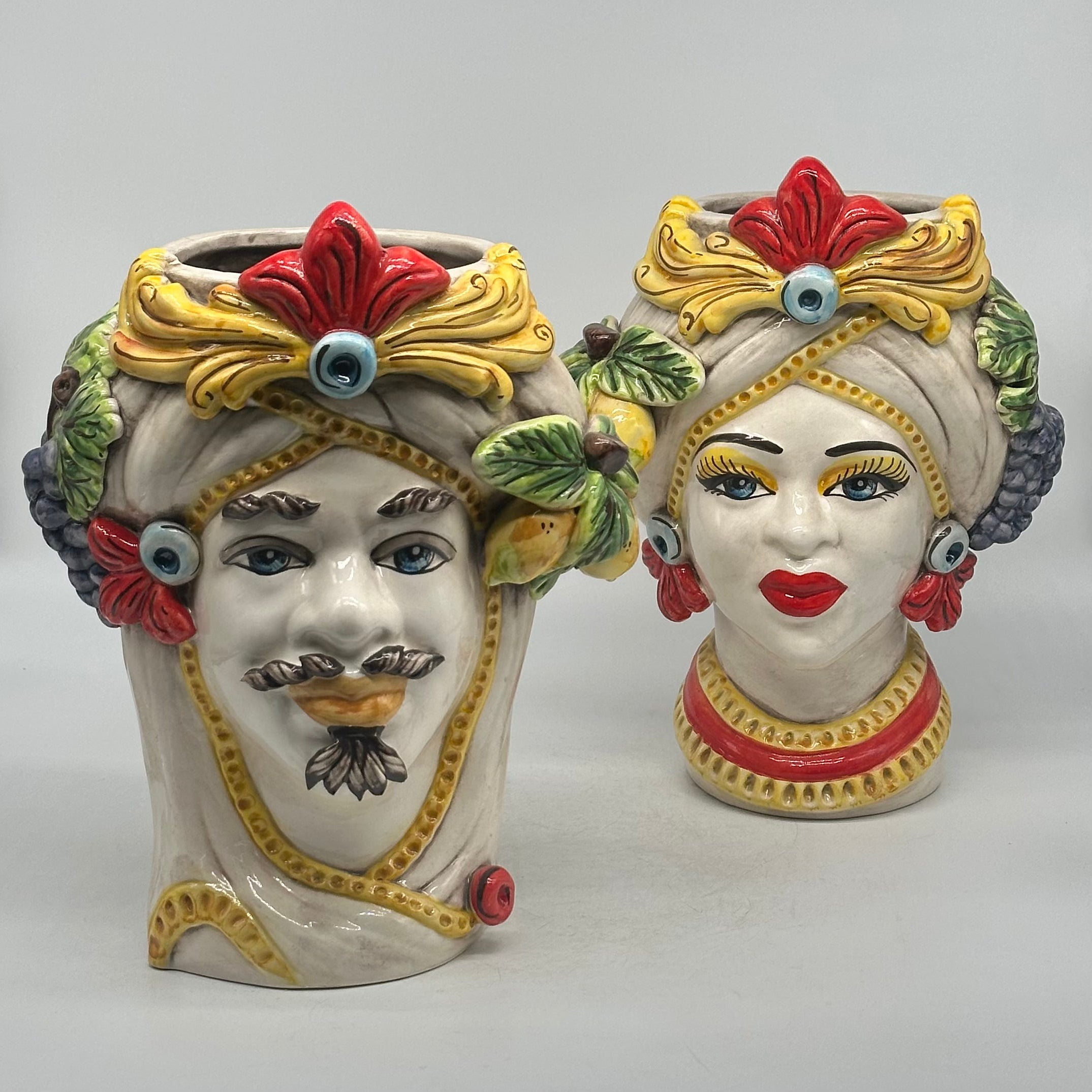 Teste di Moro Moresca Ceramica Caltagirone cm H.28 L.22 Artigianale Turbante Avorio Fiori Limoni
