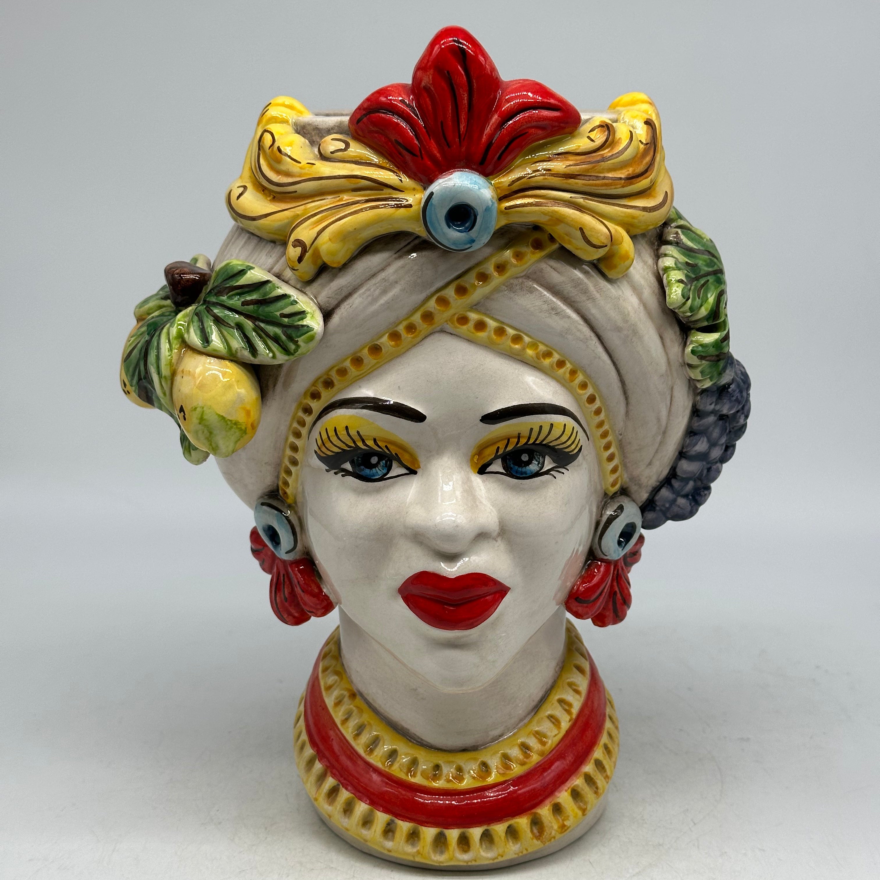 Teste di Moro Moresca Ceramica Caltagirone cm H.28 L.22 Artigianale Turbante Avorio Fiori Limoni - Donna