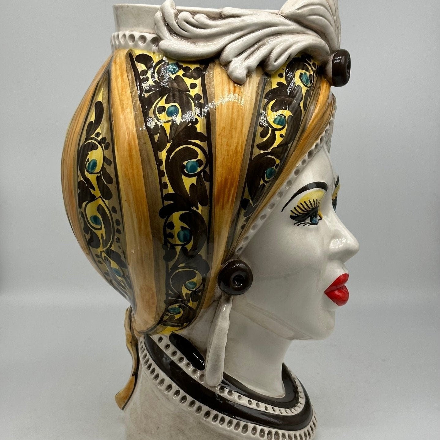 Teste di Moro Moresca Ceramica Caltagirone cm H.40 L.24 Artigianale Barocco Arancio - DD CERAMICHE SICILIANE