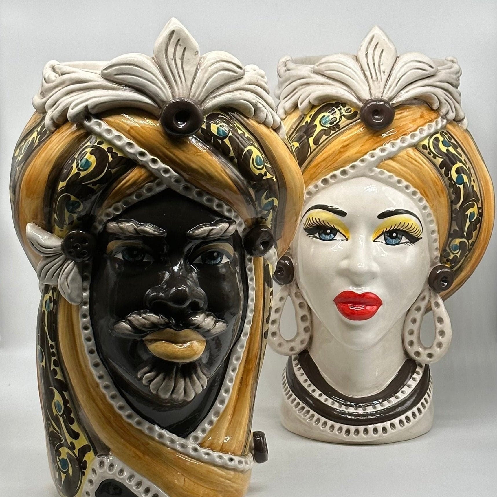 Teste di Moro Moresca Ceramica Caltagirone cm H.40 L.24 Artigianale Barocco Arancio - DD CERAMICHE SICILIANE