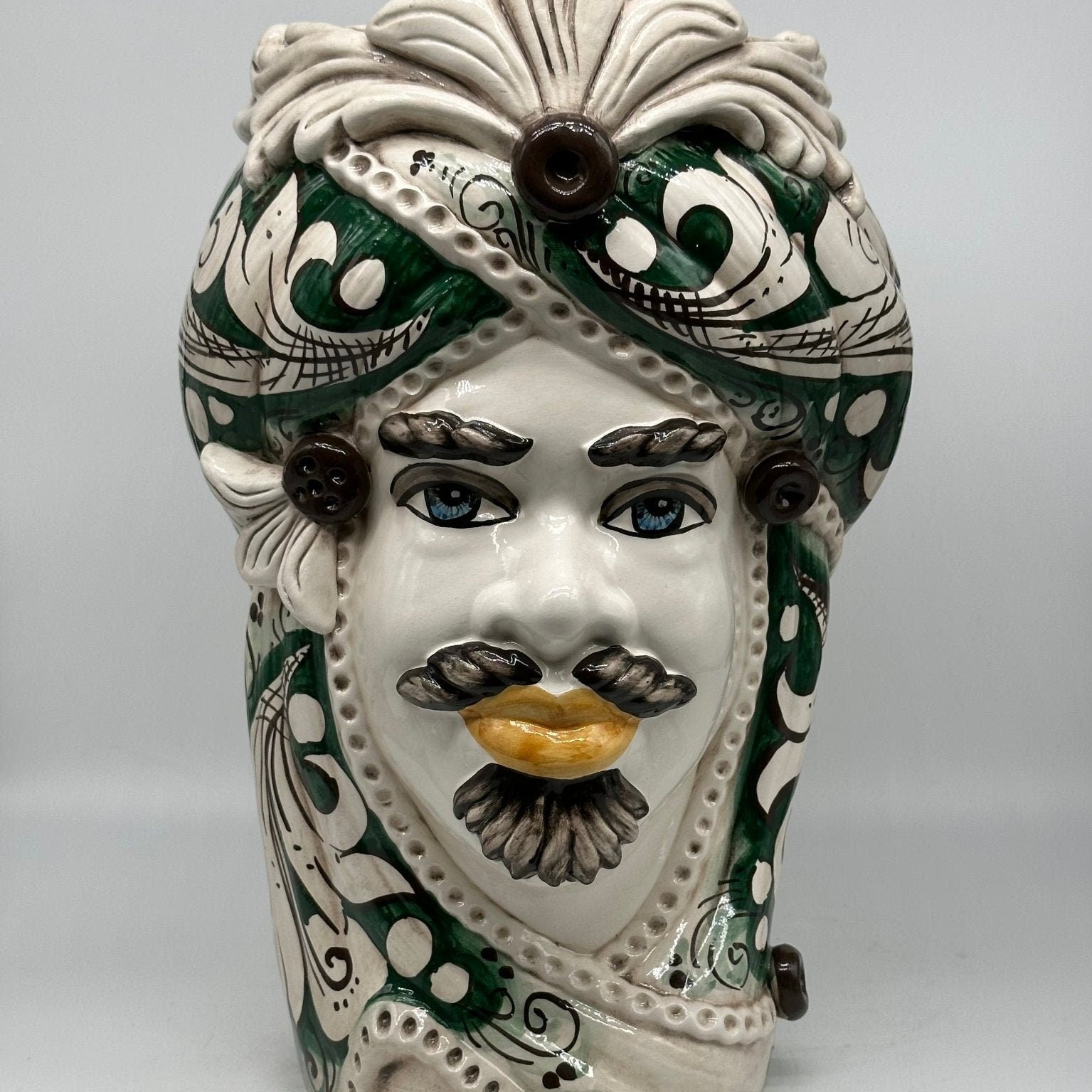Teste di Moro Moresca Ceramica Caltagirone cm H.40 L.24 Artigianale Barocco Verde Prato - DD CERAMICHE SICILIANE