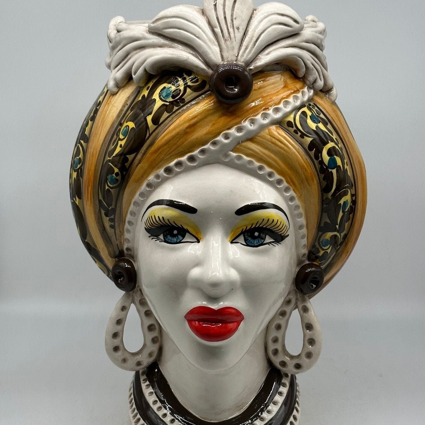 Teste di Moro Moresca Ceramica Caltagirone cm H.40 L.24 Artigianale Barocco Arancio - DD CERAMICHE SICILIANE