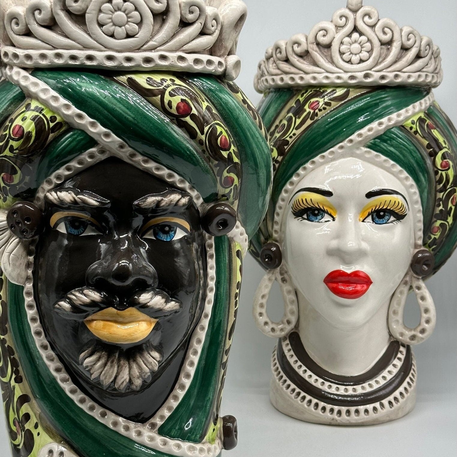 Teste di Moro Moresca Ceramica Caltagirone cm H.40 L.24 Artigianale Barocco Verde - DD CERAMICHE SICILIANE