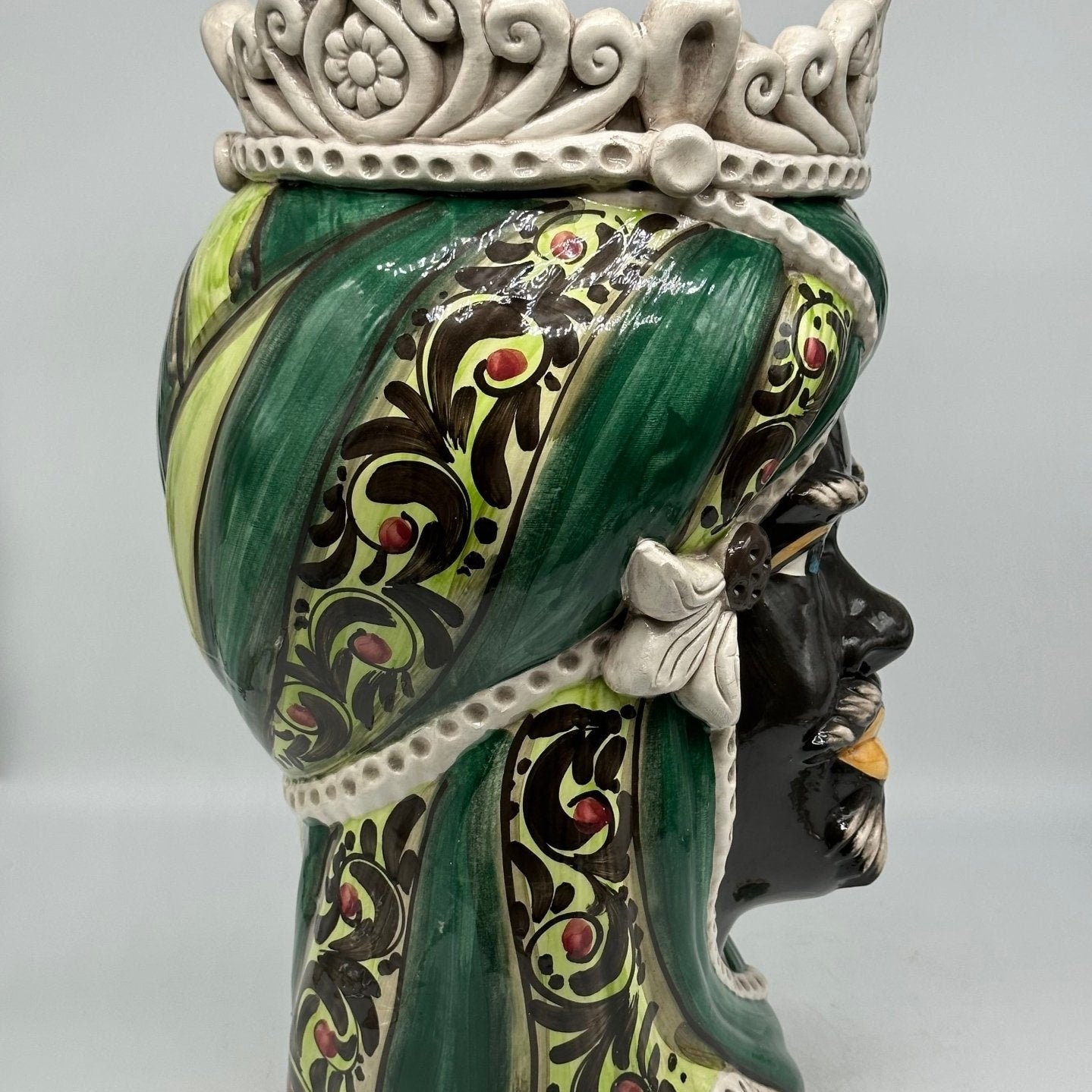 Teste di Moro Moresca Ceramica Caltagirone cm H.40 L.24 Artigianale Barocco Verde - DD CERAMICHE SICILIANE
