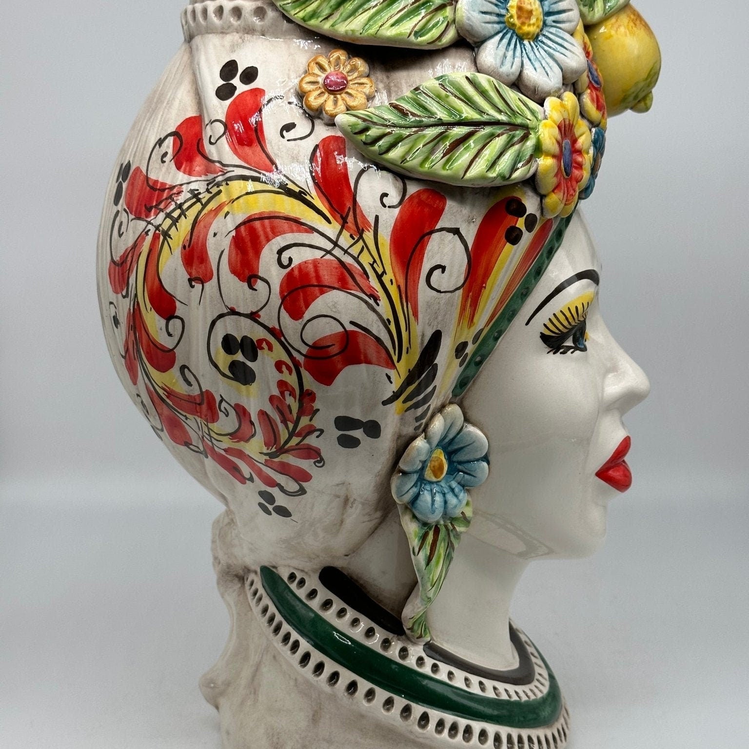 Teste di Moro Moresca Ceramica Caltagirone cm H.40 L.24 Artigianale Barocco Fiori Limoni - DD CERAMICHE SICILIANE
