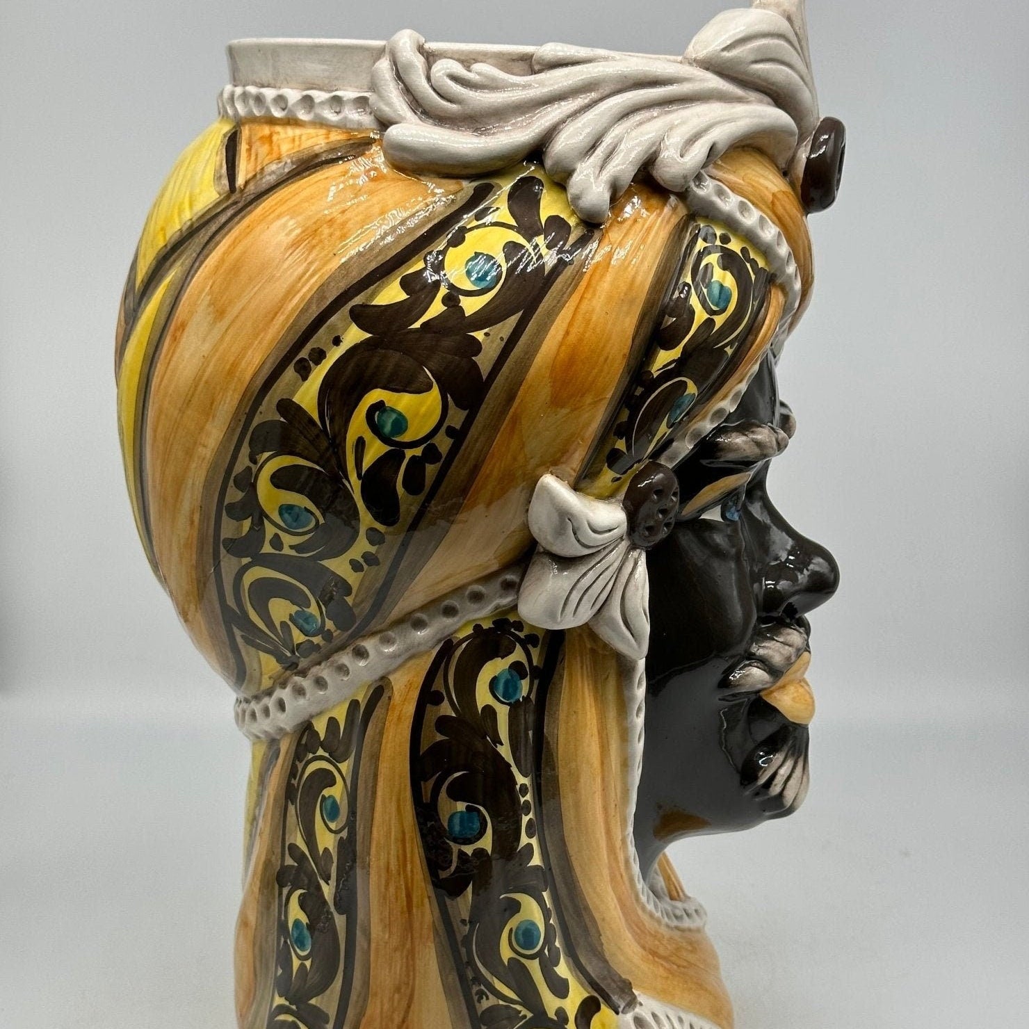 Teste di Moro Moresca Ceramica Caltagirone cm H.40 L.24 Artigianale Barocco Arancio - DD CERAMICHE SICILIANE
