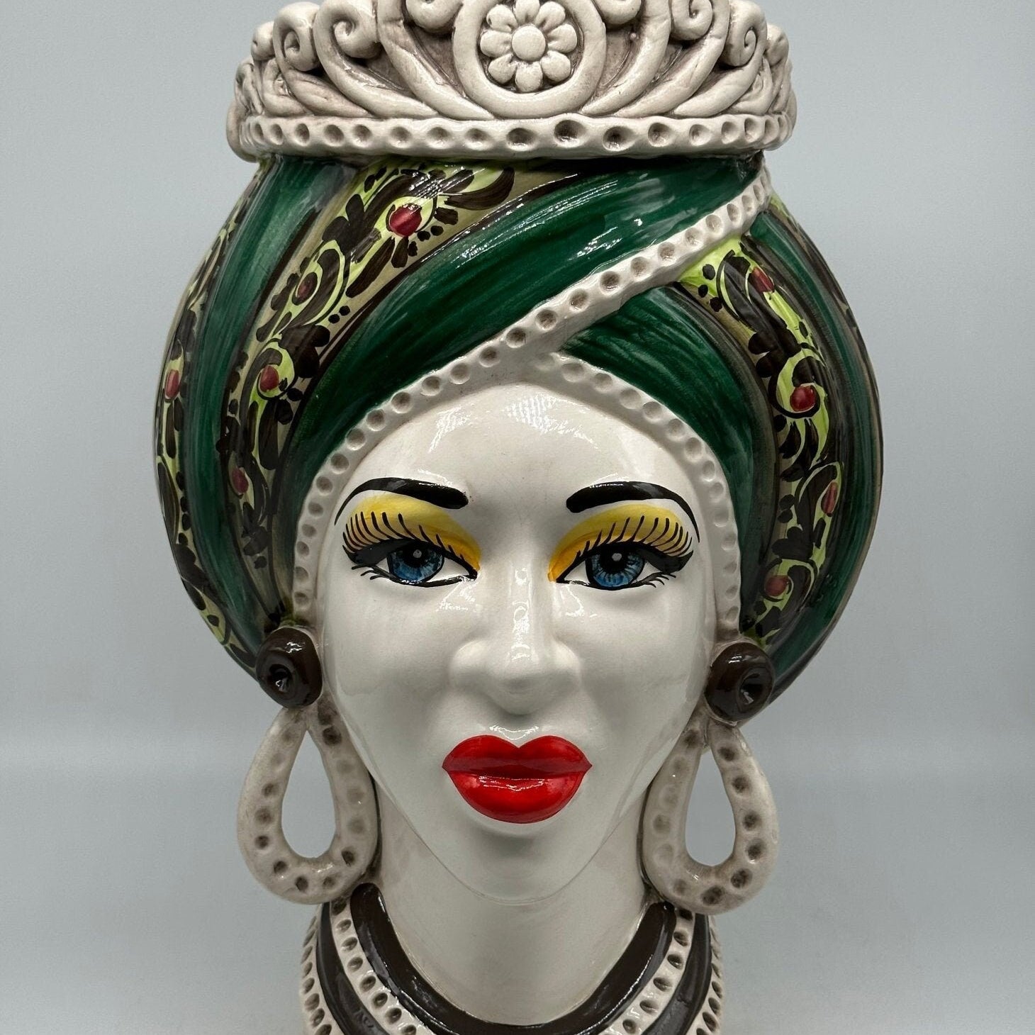 Teste di Moro Moresca Ceramica Caltagirone cm H.40 L.24 Artigianale Barocco Verde - DD CERAMICHE SICILIANE