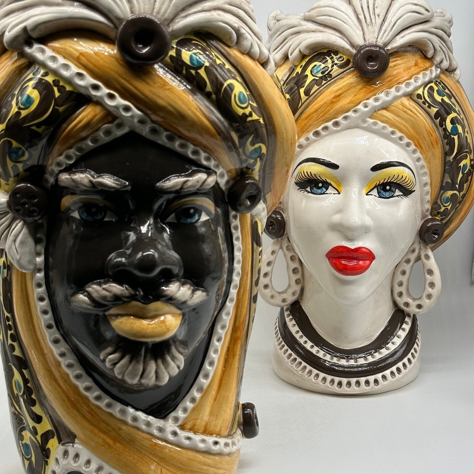 Teste di Moro Moresca Ceramica Caltagirone cm H.40 L.24 Artigianale Barocco Arancio - DD CERAMICHE SICILIANE