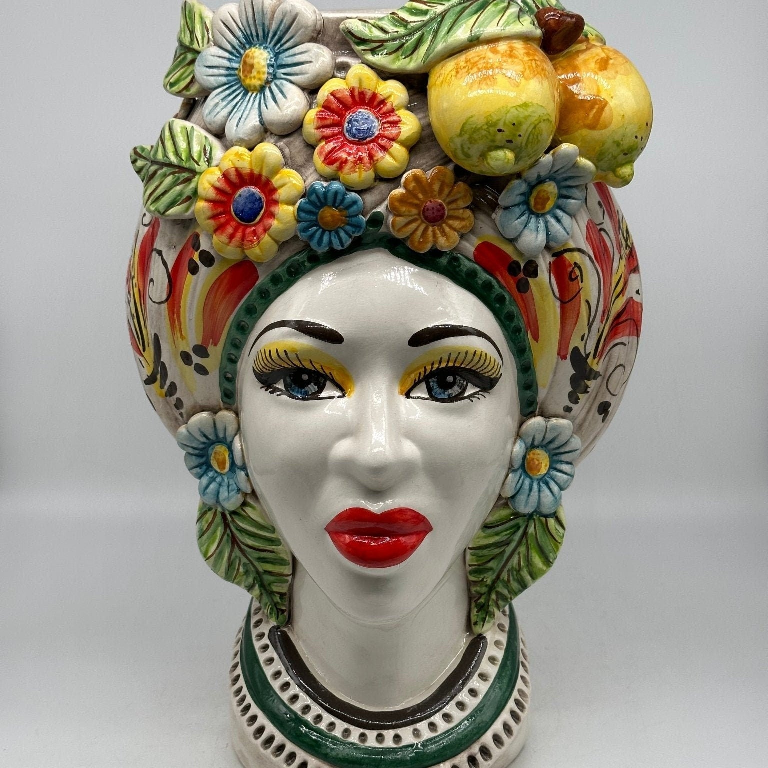 Teste di Moro Moresca Ceramica Caltagirone cm H.40 L.24 Artigianale Barocco Fiori Limoni - DD CERAMICHE SICILIANE