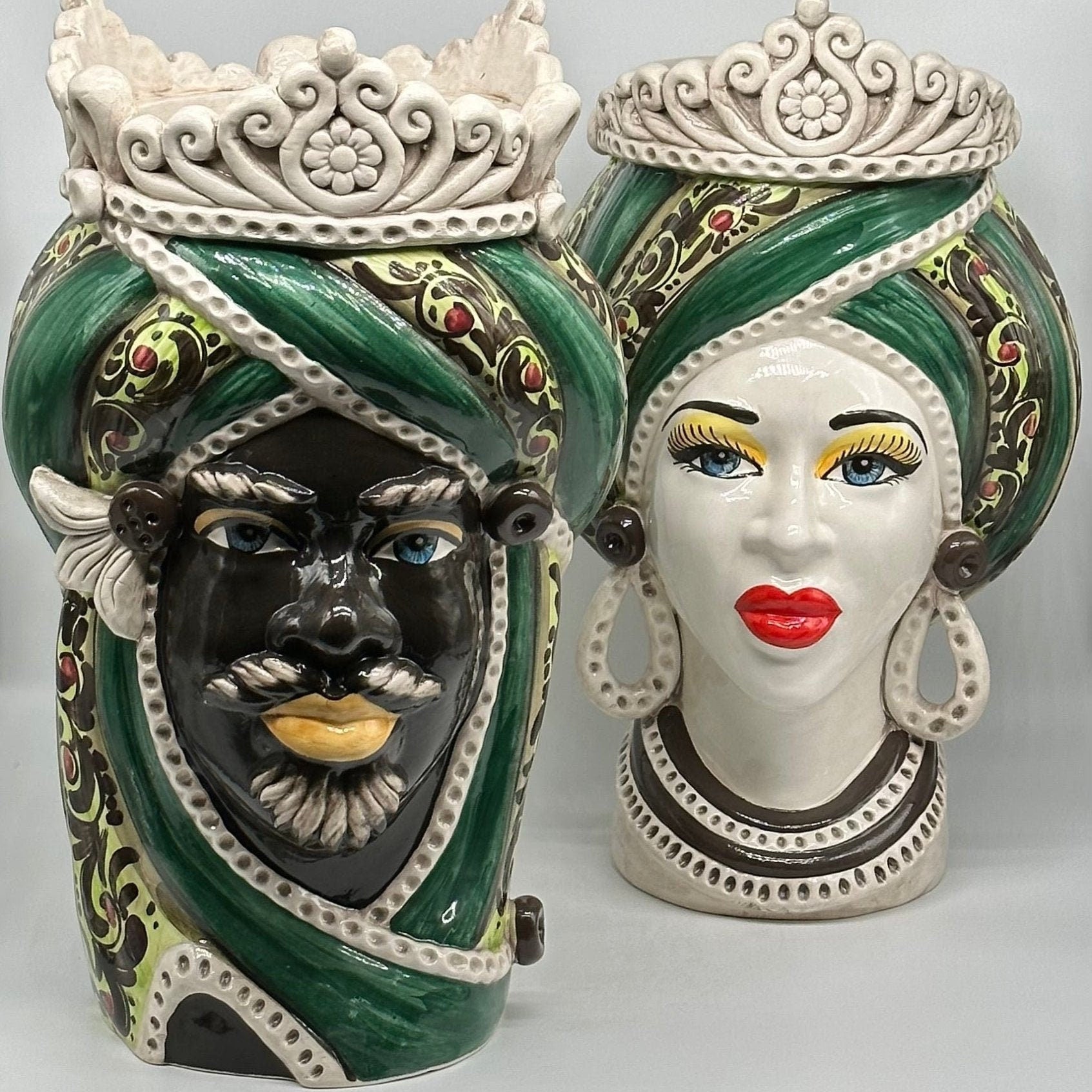 Teste di Moro Moresca Ceramica Caltagirone cm H.40 L.24 Artigianale Barocco Verde - DD CERAMICHE SICILIANE