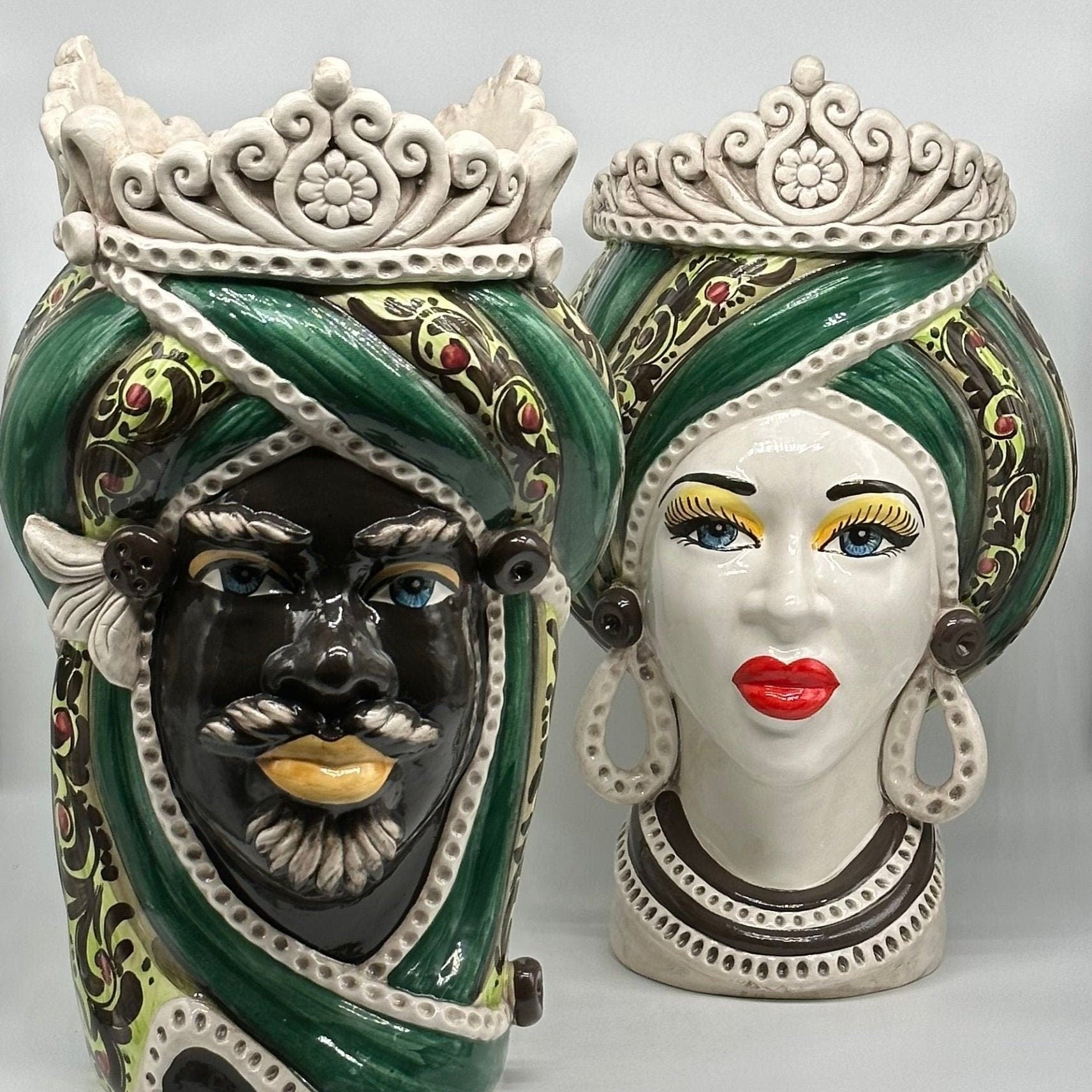 Teste di Moro Moresca Ceramica Caltagirone cm H.40 L.24 Artigianale Barocco Verde - DD CERAMICHE SICILIANE