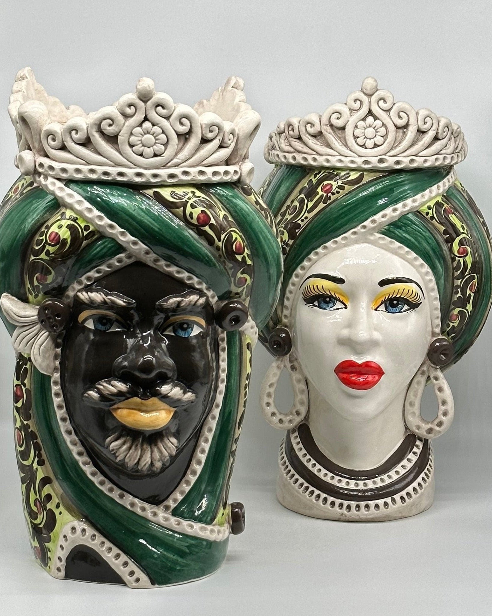 Teste di Moro Moresca Ceramica Caltagirone cm H.40 L.24 Artigianale Barocco Verde - DD CERAMICHE SICILIANE