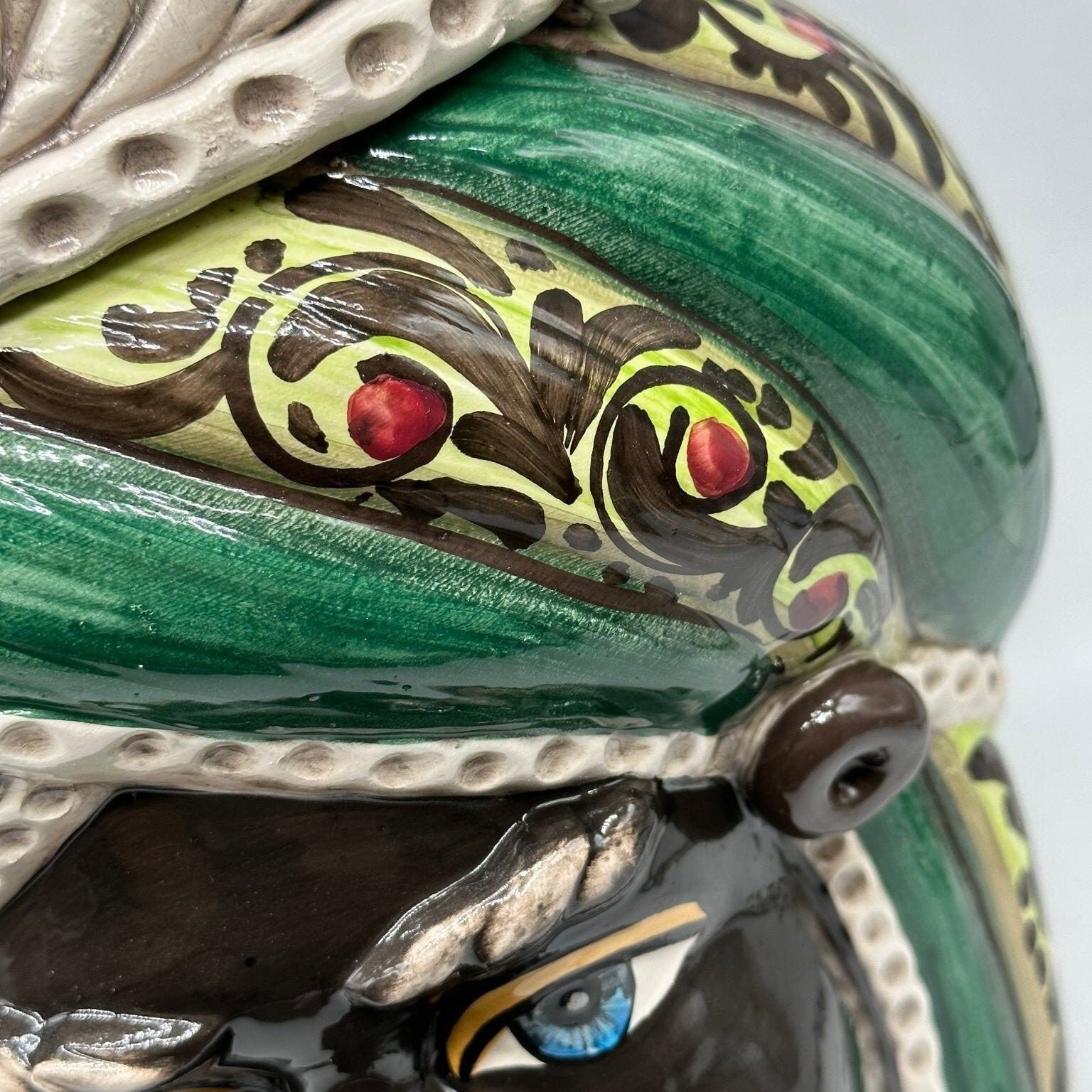 Teste di Moro Moresca Ceramica Caltagirone cm H.40 L.24 Artigianale Barocco Verde - DD CERAMICHE SICILIANE