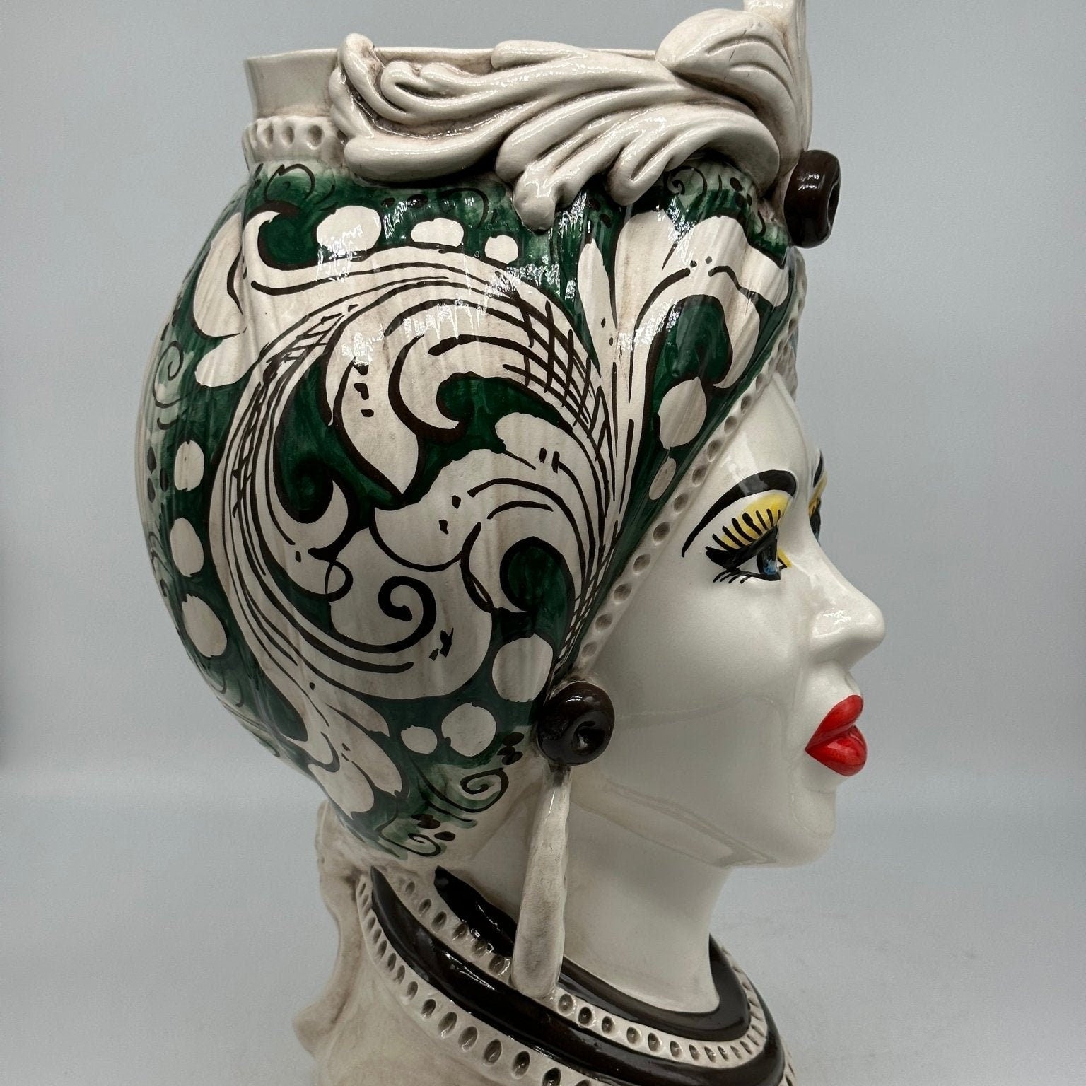 Teste di Moro Moresca Ceramica Caltagirone cm H.40 L.24 Artigianale Barocco Verde Prato - DD CERAMICHE SICILIANE