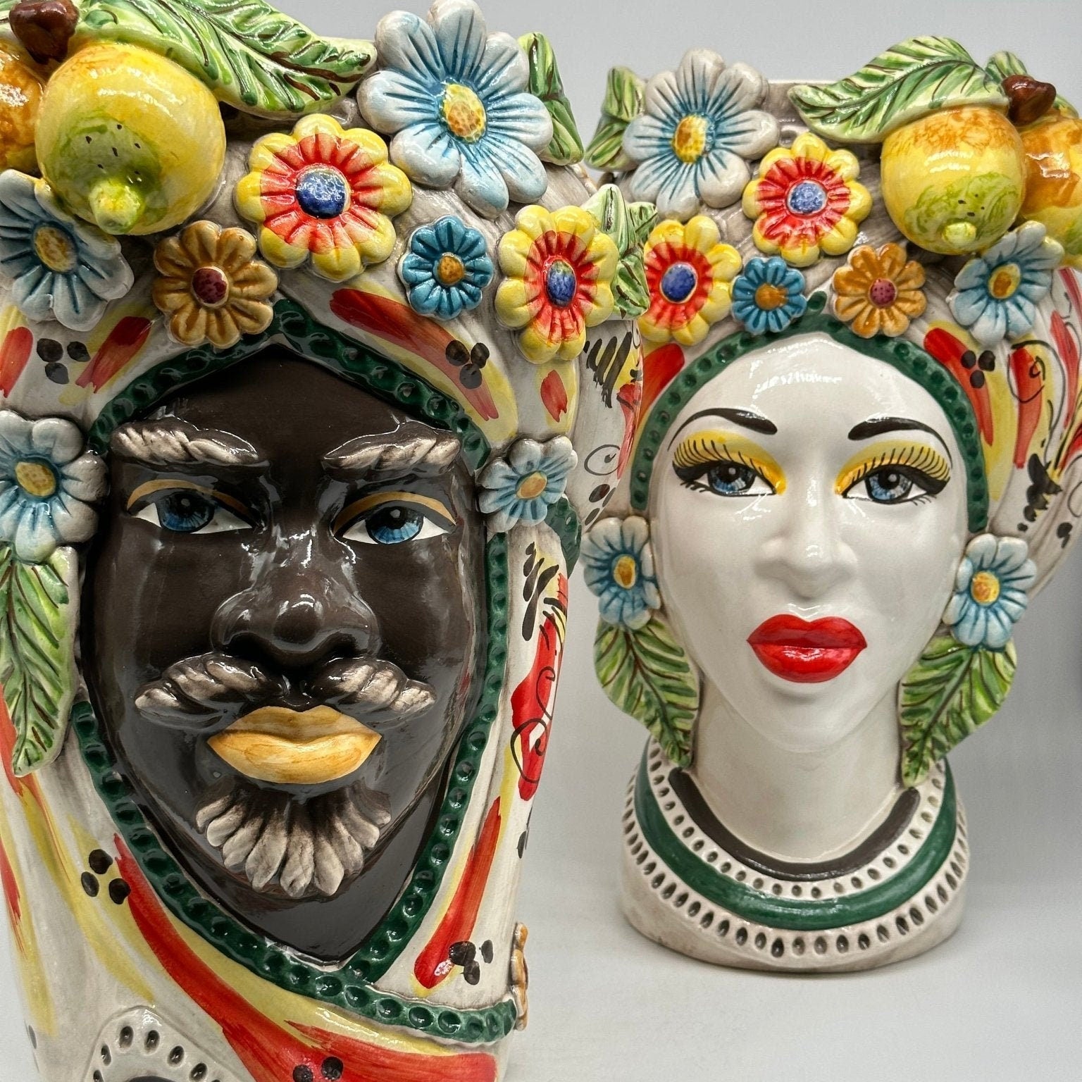 Teste di Moro Moresca Ceramica Caltagirone cm H.40 L.24 Artigianale Barocco Fiori Limoni - DD CERAMICHE SICILIANE