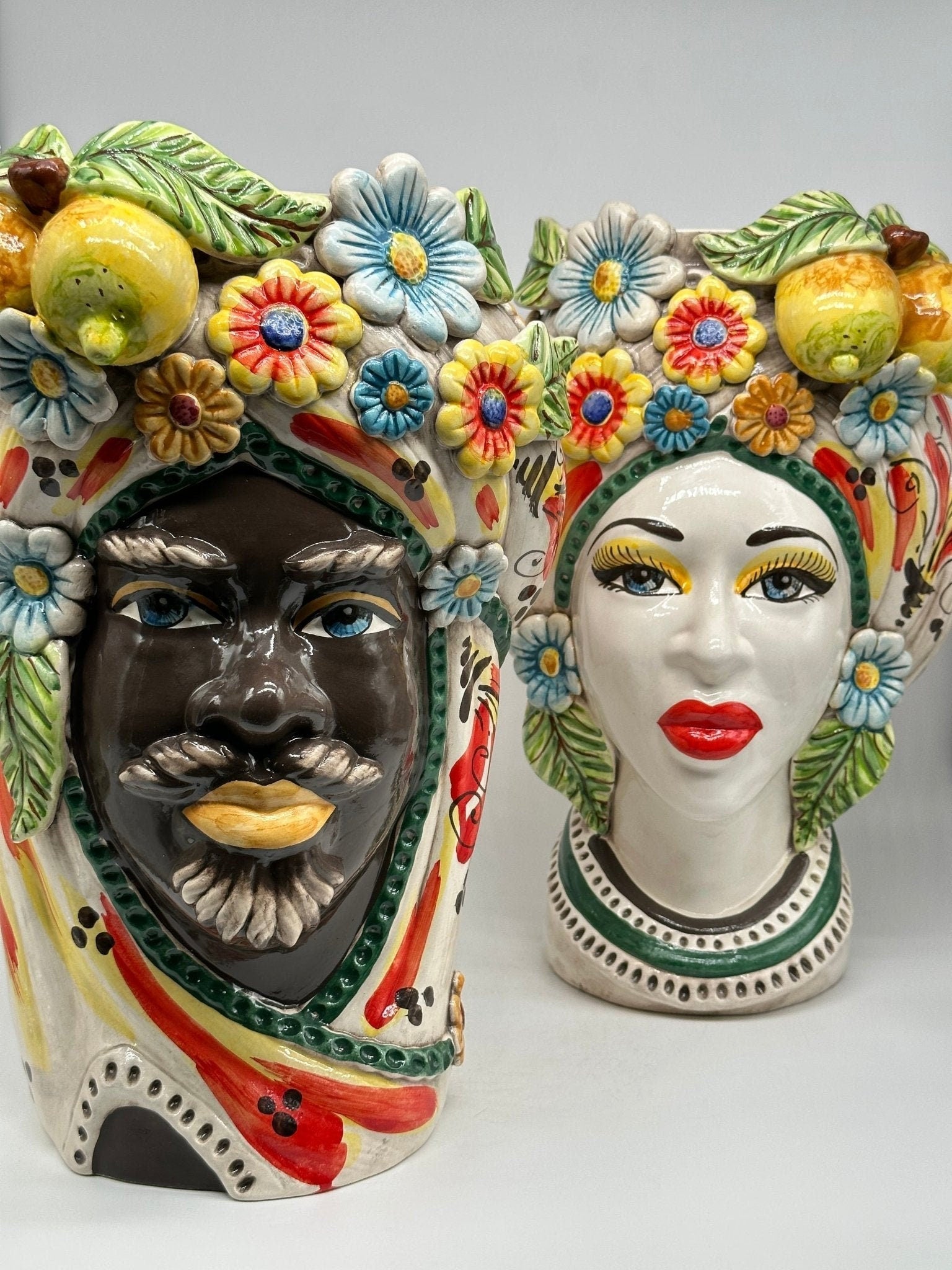 Teste di Moro Moresca Ceramica Caltagirone cm H.40 L.24 Artigianale Barocco Fiori Limoni - DD CERAMICHE SICILIANE