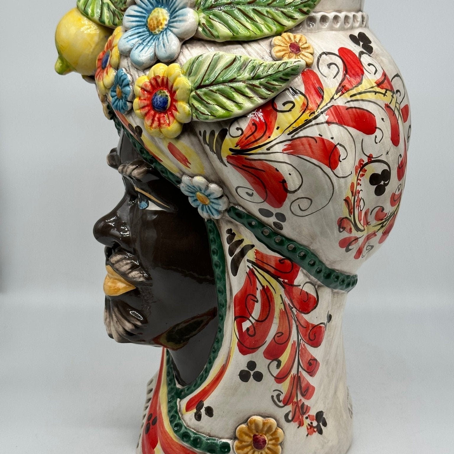Teste di Moro Moresca Ceramica Caltagirone cm H.40 L.24 Artigianale Barocco Fiori Limoni - DD CERAMICHE SICILIANE
