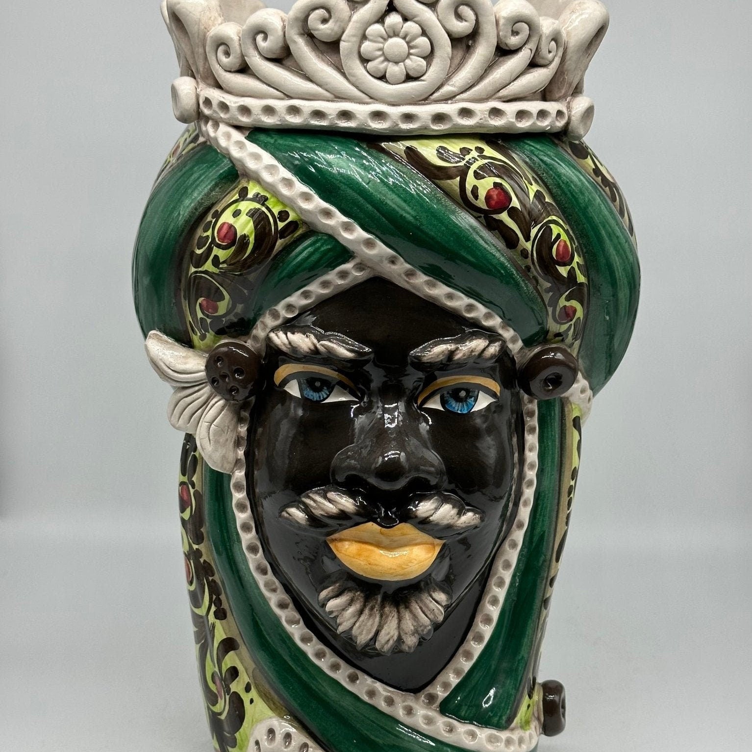 Teste di Moro Moresca Ceramica Caltagirone cm H.40 L.24 Artigianale Barocco Verde - DD CERAMICHE SICILIANE