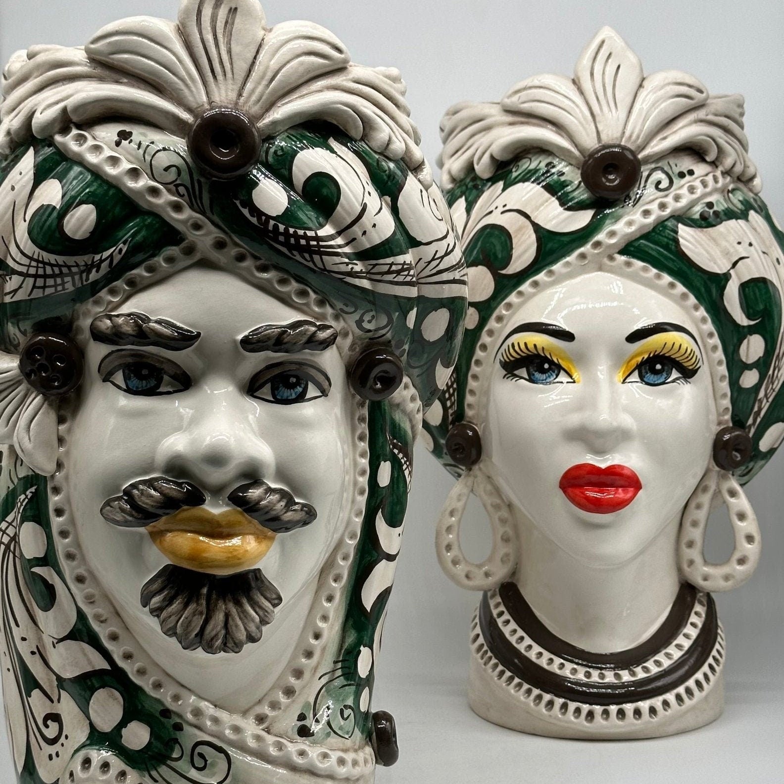 Teste di Moro Moresca Ceramica Caltagirone cm H.40 L.24 Artigianale Barocco Verde Prato - DD CERAMICHE SICILIANE