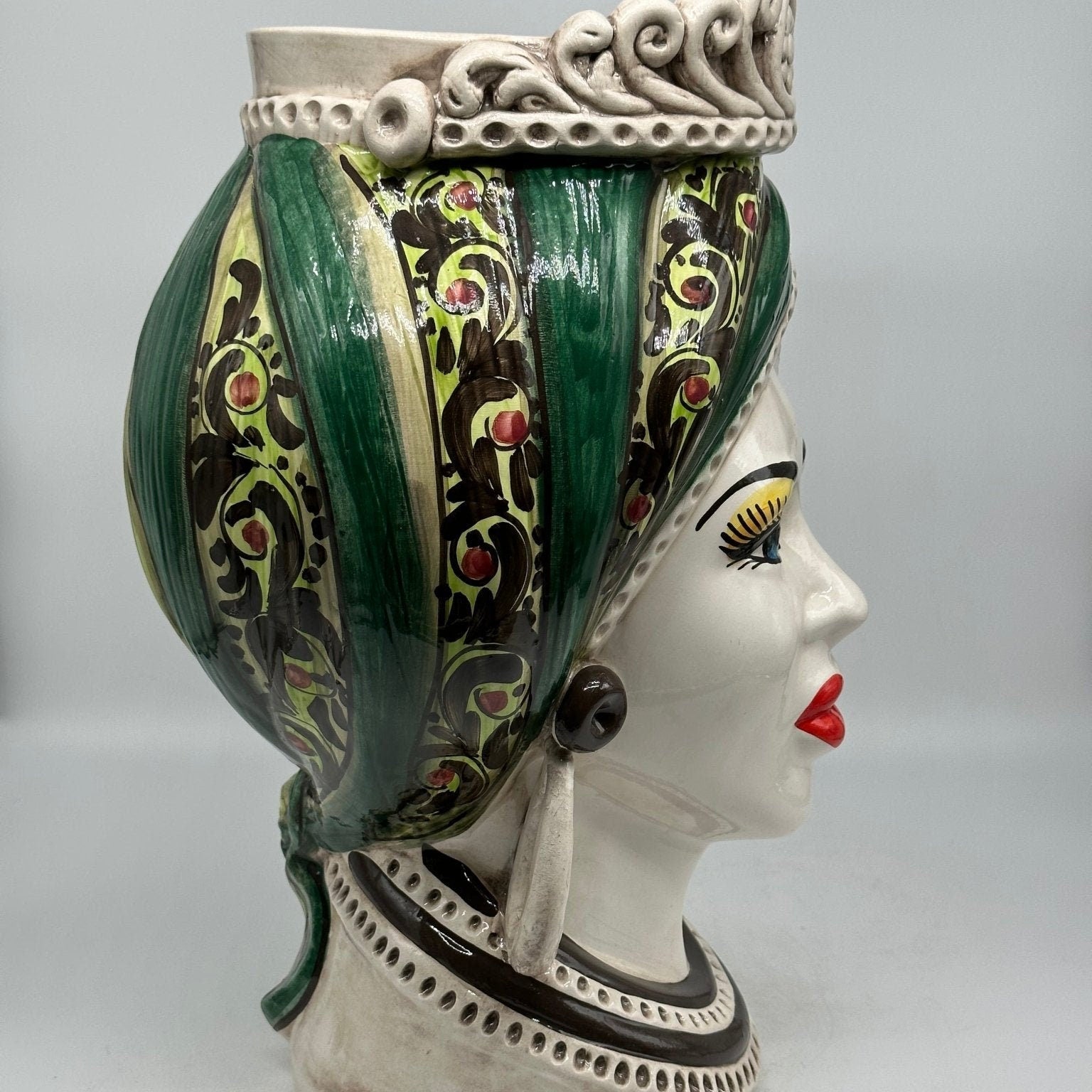 Teste di Moro Moresca Ceramica Caltagirone cm H.40 L.24 Artigianale Barocco Verde - DD CERAMICHE SICILIANE