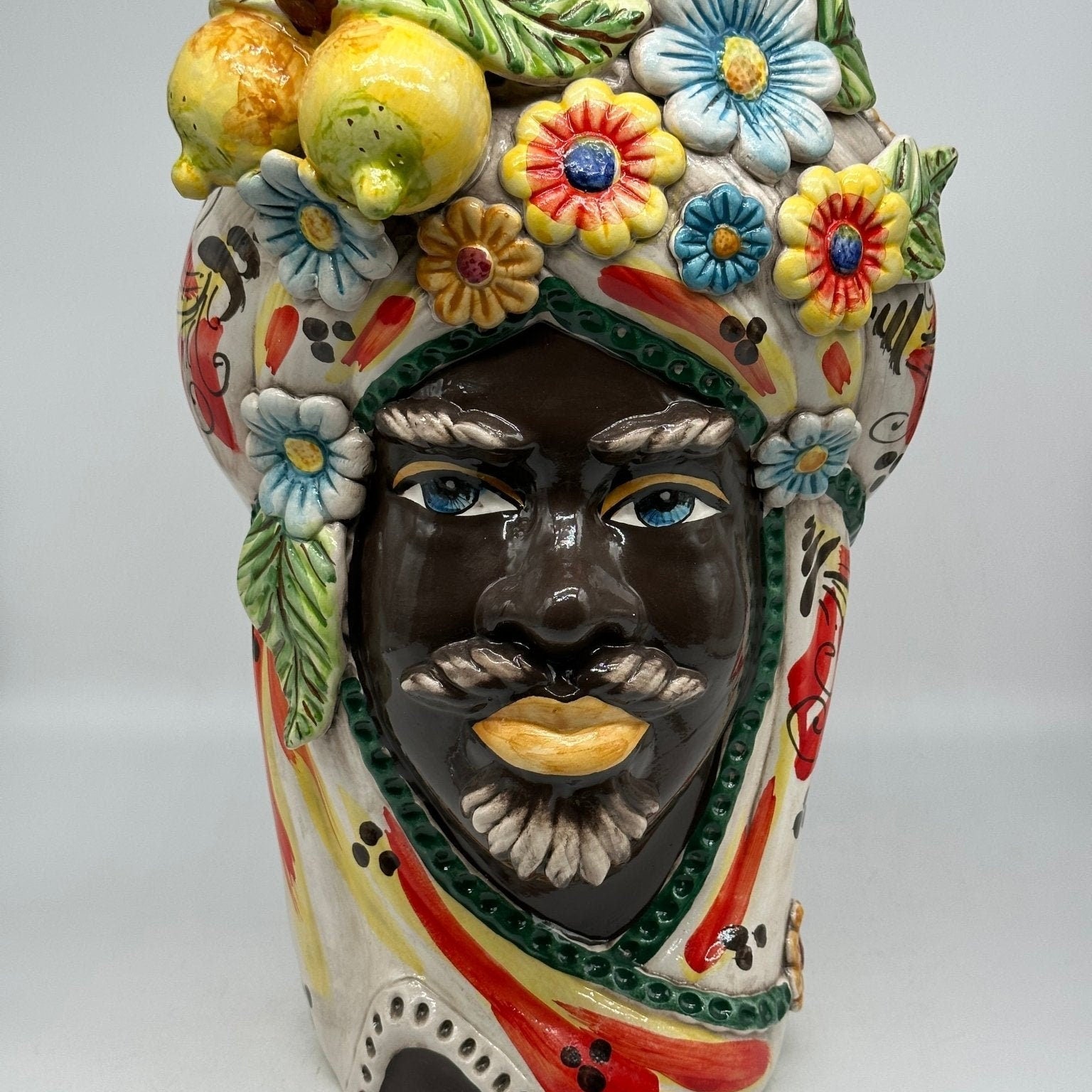 Teste di Moro Moresca Ceramica Caltagirone cm H.40 L.24 Artigianale Barocco Fiori Limoni - DD CERAMICHE SICILIANE