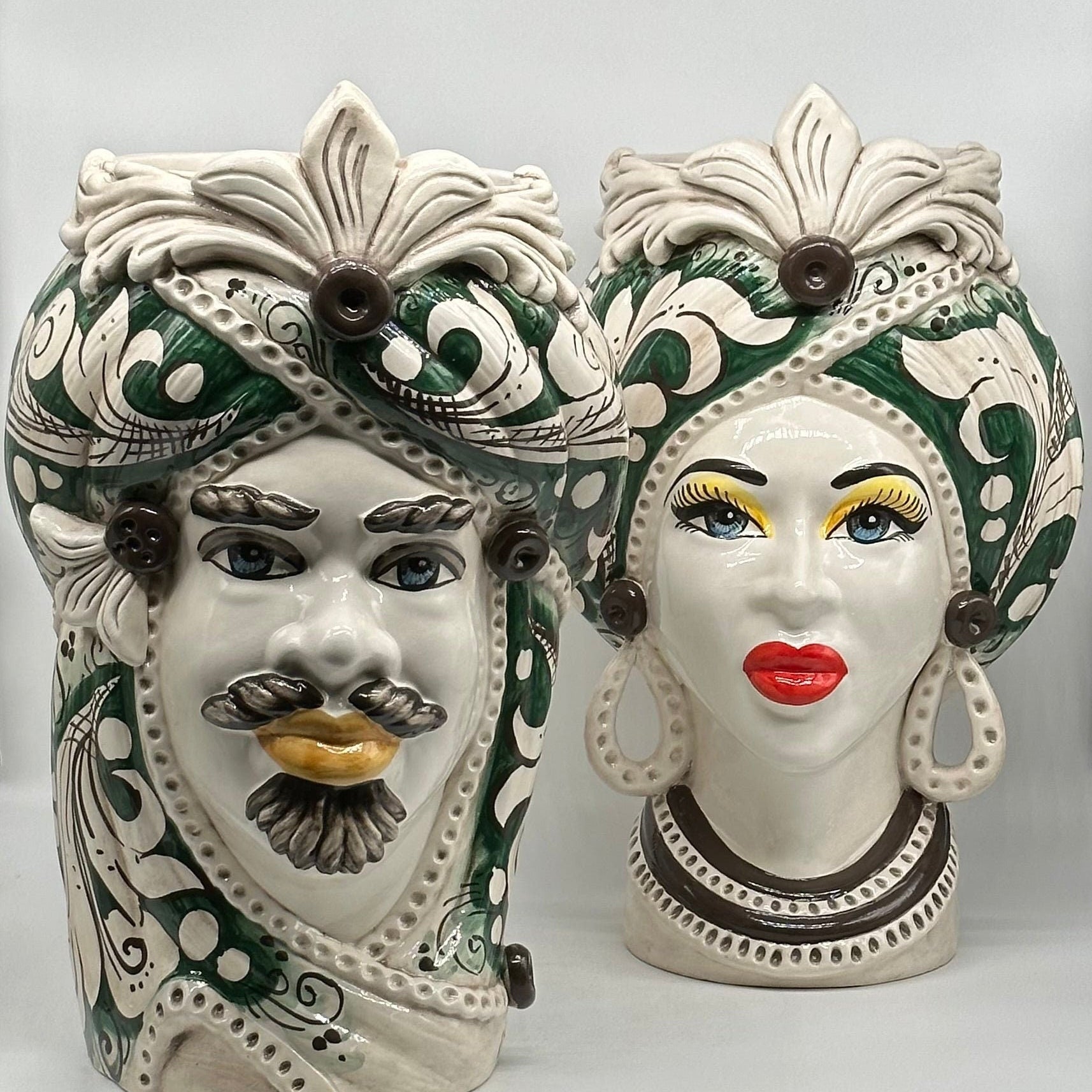 Teste di Moro Moresca Ceramica Caltagirone cm H.40 L.24 Artigianale Barocco Verde Prato - DD CERAMICHE SICILIANE