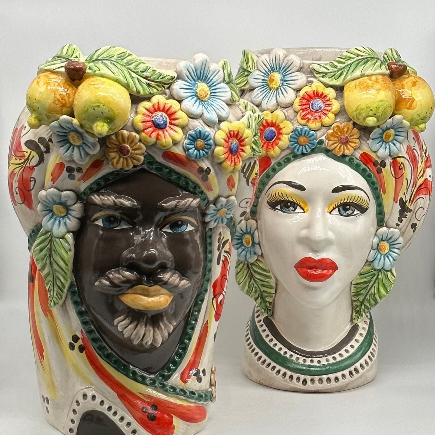 Teste di Moro Moresca Ceramica Caltagirone cm H.40 L.24 Artigianale Barocco Fiori Limoni - DD CERAMICHE SICILIANE