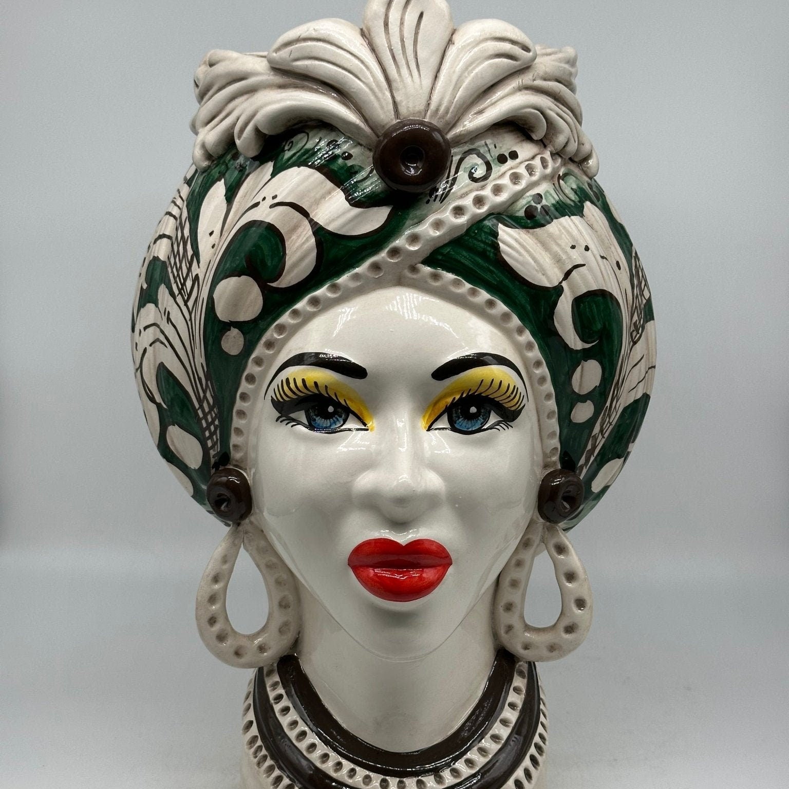 Teste di Moro Moresca Ceramica Caltagirone cm H.40 L.24 Artigianale Barocco Verde Prato - DD CERAMICHE SICILIANE