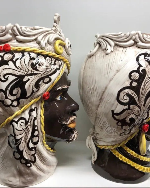 Teste di Moro Moresca Ceramica Caltagirone cm H.49 L.33 Artigianale Decorazione Barocco dettagli Giallo DD CERAMICHE SICILIANE