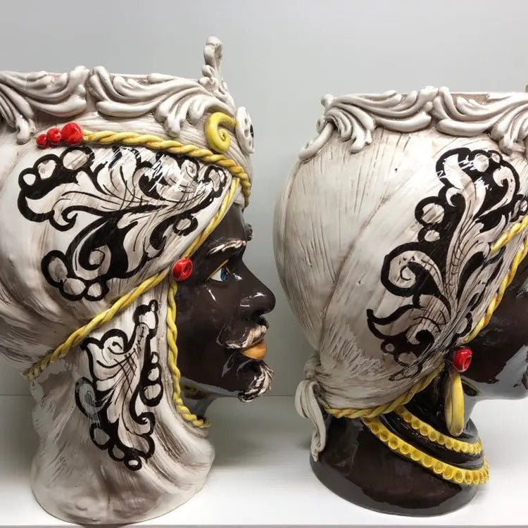Teste di Moro Moresca Ceramica Caltagirone cm H.49 L.33 Artigianale Decorazione Barocco dettagli Giallo DD CERAMICHE SICILIANE