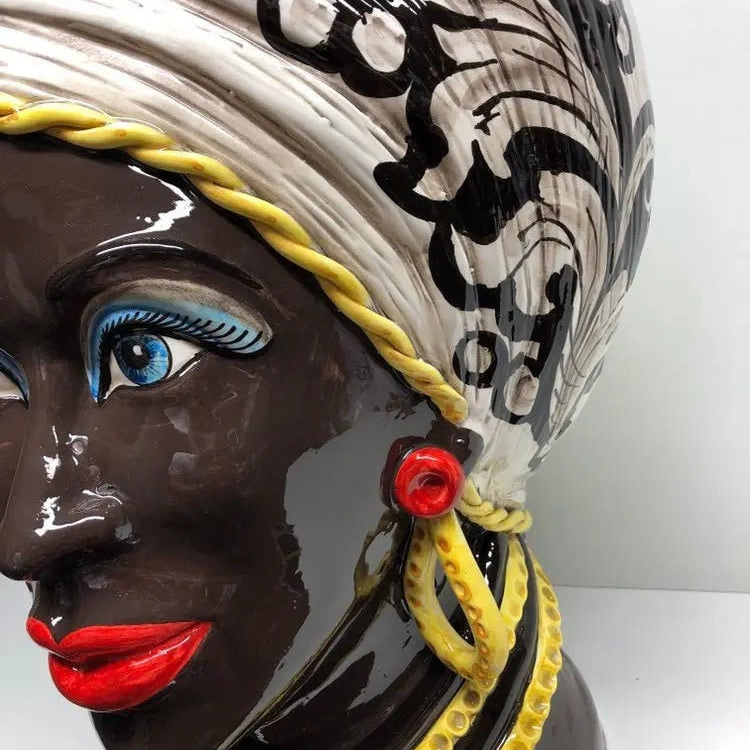 Teste di Moro Moresca Ceramica Caltagirone cm H.49 L.33 Artigianale Decorazione Barocco dettagli Giallo DD CERAMICHE SICILIANE