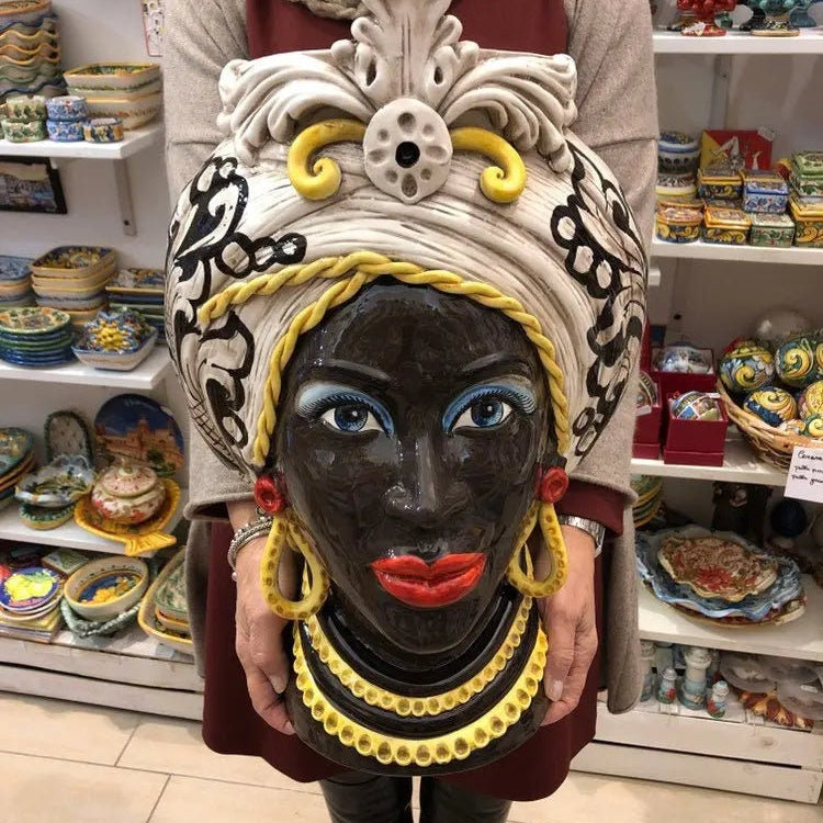 Teste di Moro Moresca Ceramica Caltagirone cm H.49 L.33 Artigianale Decorazione Barocco dettagli Giallo DD CERAMICHE SICILIANE