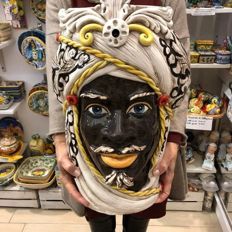 Teste di Moro Moresca Ceramica Caltagirone cm H.49 L.33 Artigianale Decorazione Barocco dettagli Giallo DD CERAMICHE SICILIANE