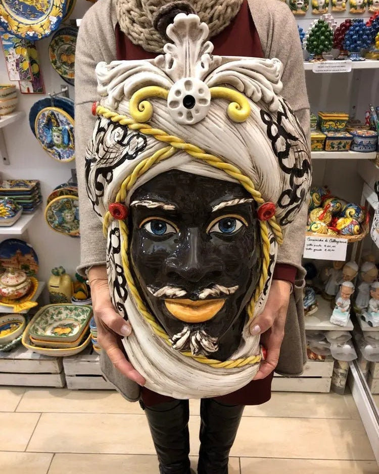 Teste di Moro Moresca Ceramica Caltagirone cm H.49 L.33 Artigianale Decorazione Barocco dettagli Giallo DD CERAMICHE SICILIANE