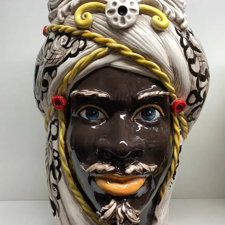 Teste di Moro Moresca Ceramica Caltagirone cm H.49 L.33 Artigianale Decorazione Barocco dettagli Giallo DD CERAMICHE SICILIANE