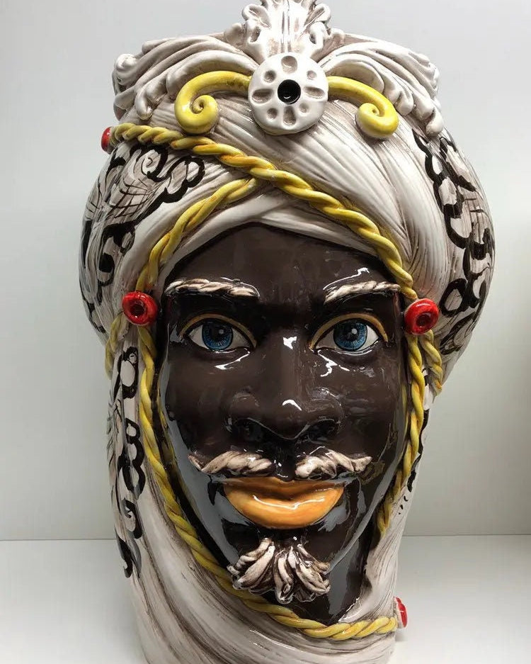 Teste di Moro Moresca Ceramica Caltagirone cm H.49 L.33 Artigianale Decorazione Barocco dettagli Giallo DD CERAMICHE SICILIANE
