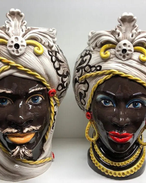 Teste di Moro Moresca Ceramica Caltagirone cm H.49 L.33 Artigianale Decorazione Barocco dettagli Giallo DD CERAMICHE SICILIANE