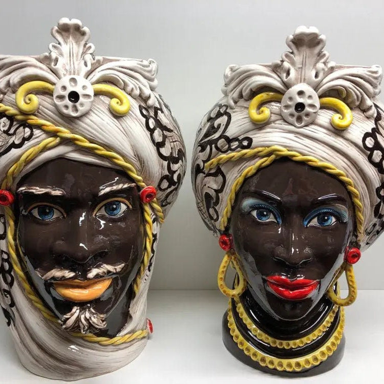 Teste di Moro Moresca Ceramica Caltagirone cm H.49 L.33 Artigianale Decorazione Barocco dettagli Giallo DD CERAMICHE SICILIANE