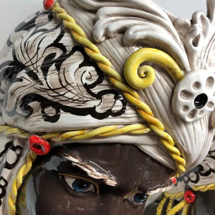 Teste di Moro Moresca Ceramica Caltagirone cm H.49 L.33 Artigianale Decorazione Barocco dettagli Giallo DD CERAMICHE SICILIANE
