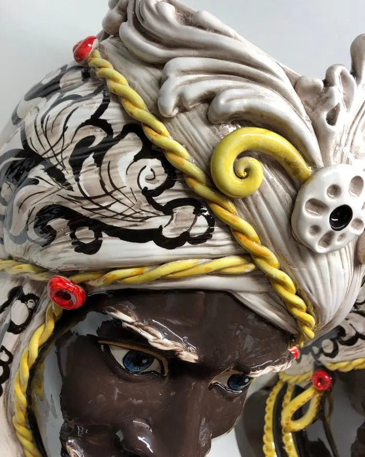 Teste di Moro Moresca Ceramica Caltagirone cm H.49 L.33 Artigianale Decorazione Barocco dettagli Giallo DD CERAMICHE SICILIANE
