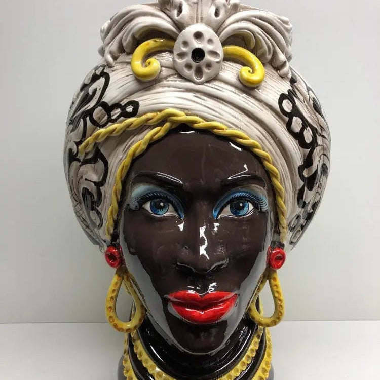 Teste di Moro Moresca Ceramica Caltagirone cm H.49 L.33 Artigianale Decorazione Barocco dettagli Giallo DD CERAMICHE SICILIANE