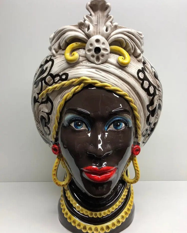 Teste di Moro Moresca Ceramica Caltagirone cm H.49 L.33 Artigianale Decorazione Barocco dettagli Giallo DD CERAMICHE SICILIANE