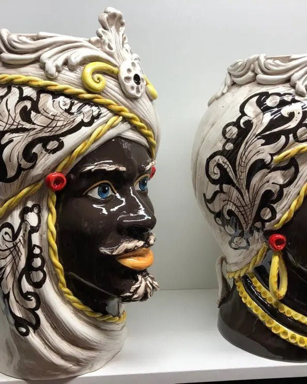 Teste di Moro Moresca Ceramica Caltagirone cm H.49 L.33 Artigianale Decorazione Barocco dettagli Giallo DD CERAMICHE SICILIANE