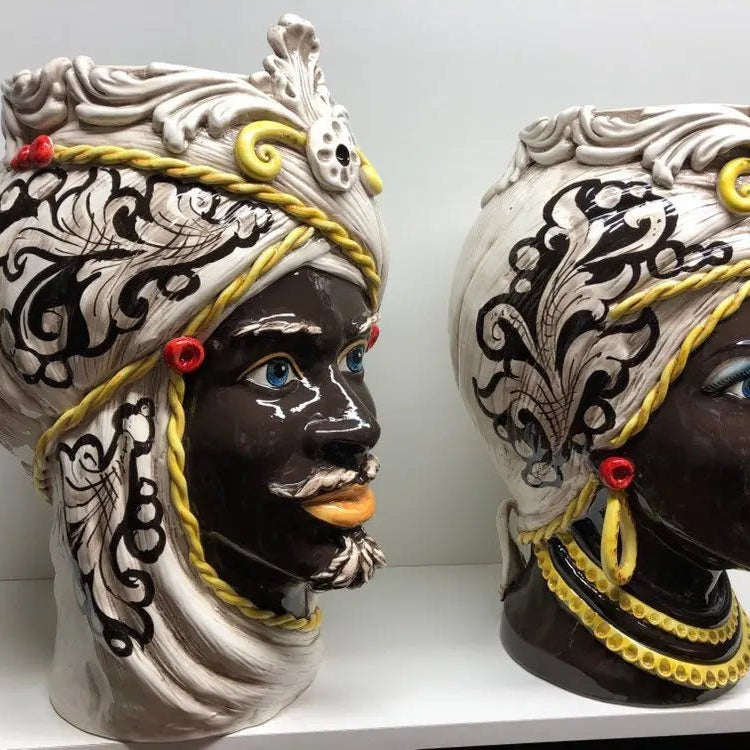 Teste di Moro Moresca Ceramica Caltagirone cm H.49 L.33 Artigianale Decorazione Barocco dettagli Giallo DD CERAMICHE SICILIANE