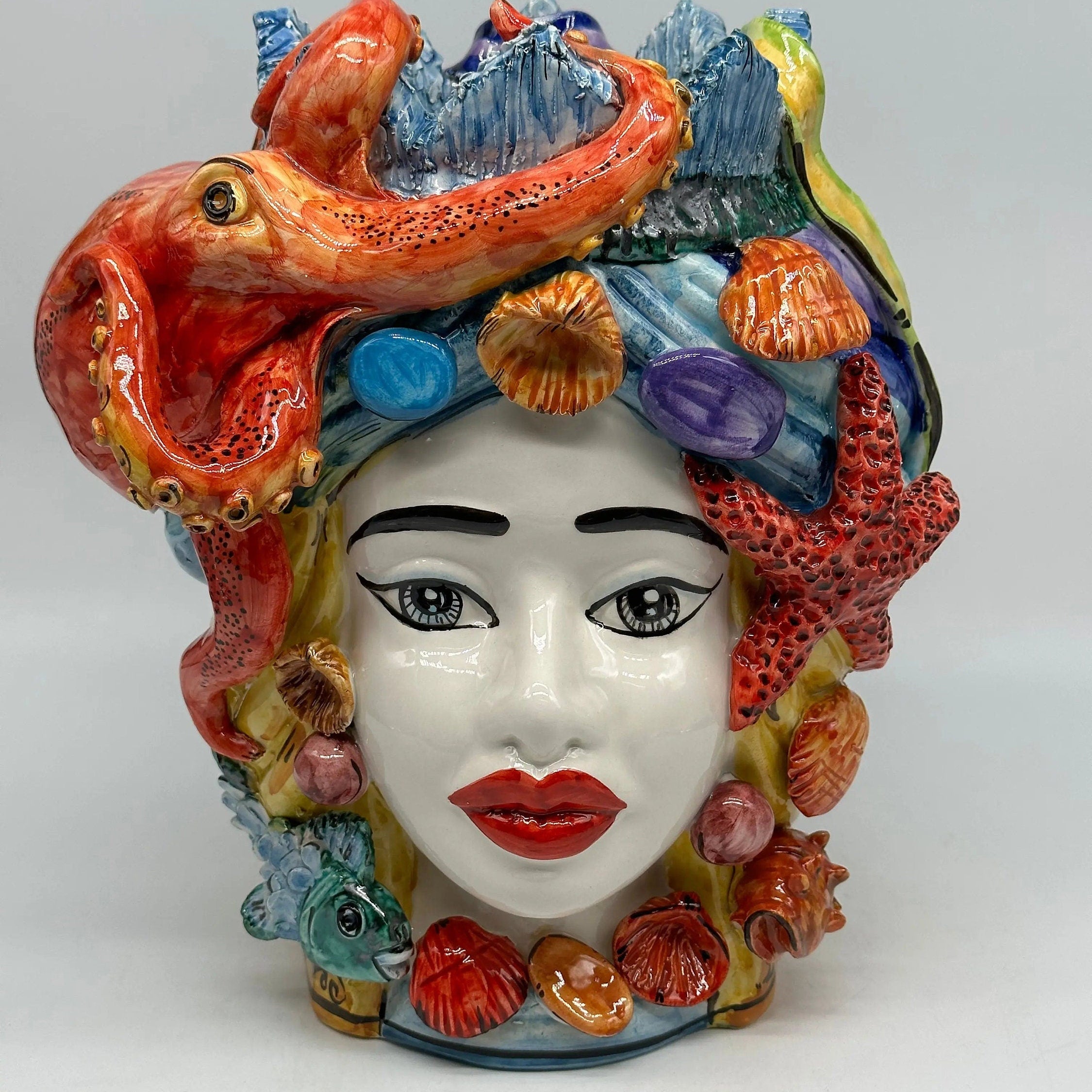 Teste di Moro Nettuno Ceramica Caltagirone cm H.30 L.24 Artigianale Decorazione Siciliana DD CERAMICHE SICILIANE