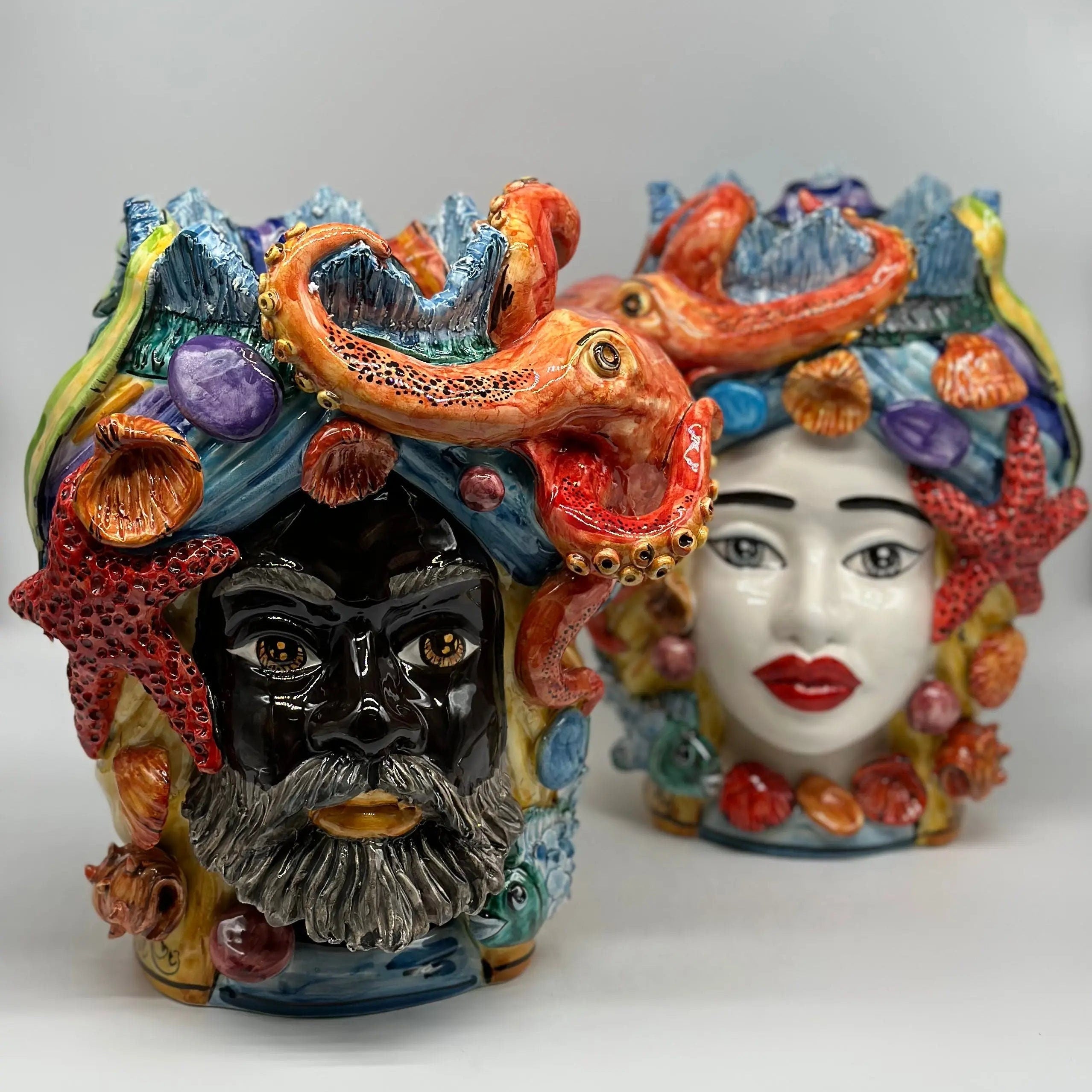 Teste di Moro Nettuno Ceramica Caltagirone cm H.30 L.24 Artigianale Decorazione Siciliana DD CERAMICHE SICILIANE