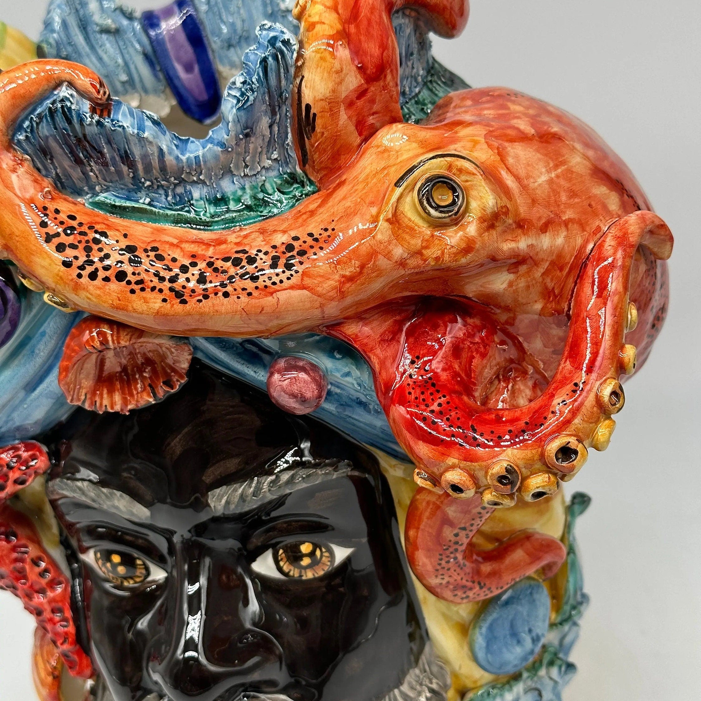 Teste di Moro Nettuno Ceramica Caltagirone cm H.30 L.24 Artigianale Decorazione Siciliana DD CERAMICHE SICILIANE