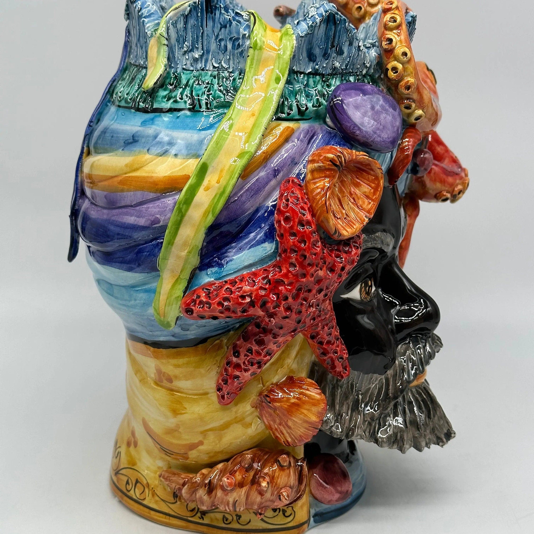 Teste di Moro Nettuno Ceramica Caltagirone cm H.30 L.24 Artigianale Decorazione Siciliana DD CERAMICHE SICILIANE