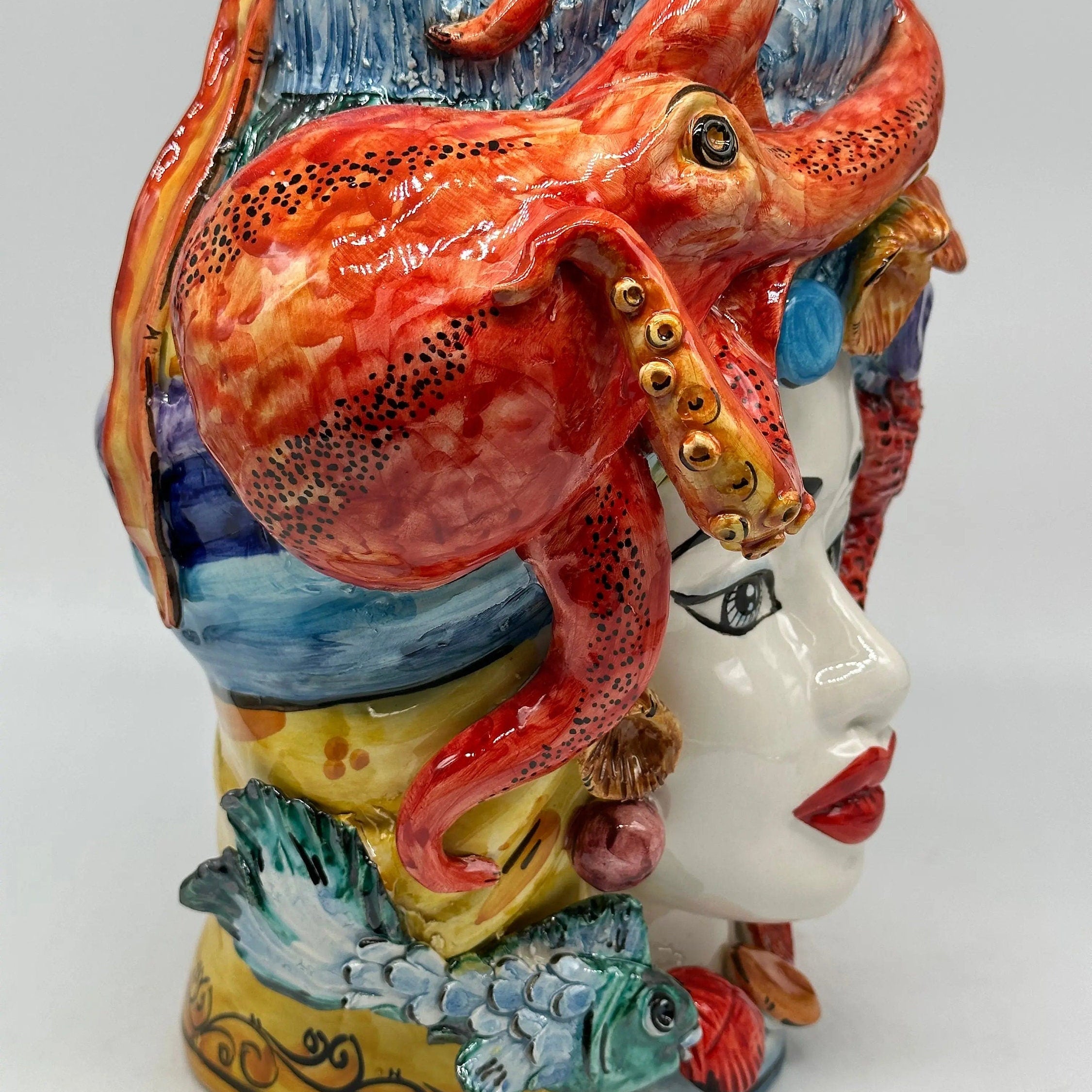 Teste di Moro Nettuno Ceramica Caltagirone cm H.30 L.24 Artigianale Decorazione Siciliana DD CERAMICHE SICILIANE