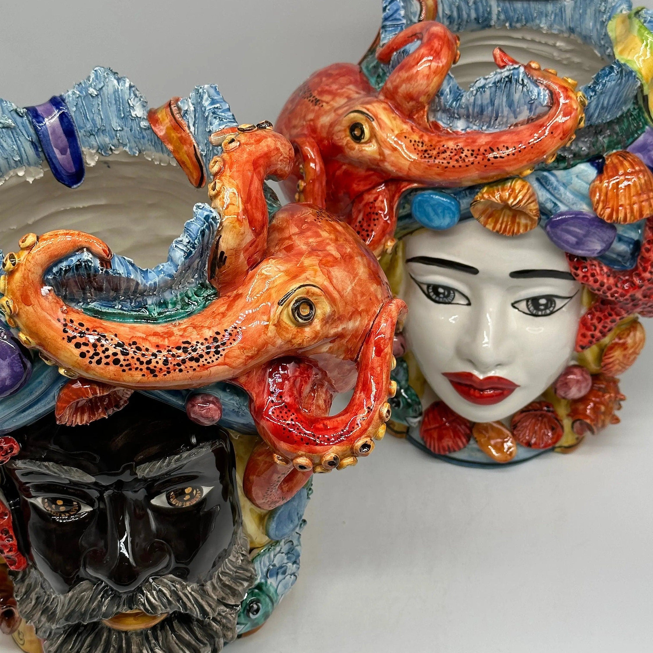 Teste di Moro Nettuno Ceramica Caltagirone cm H.30 L.24 Artigianale Decorazione Siciliana DD CERAMICHE SICILIANE